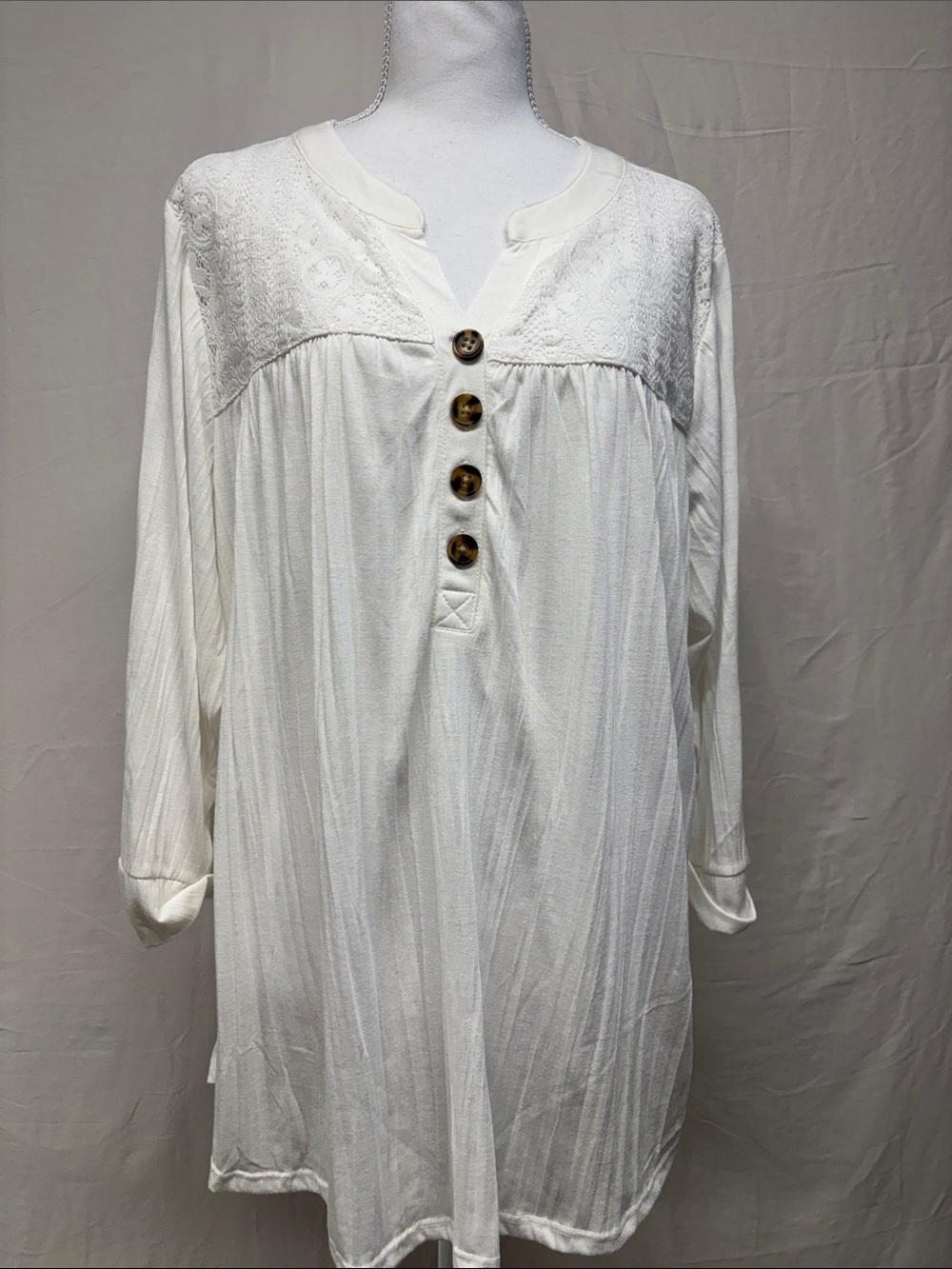 Women's White Long Sleeve Henley Tunic Top